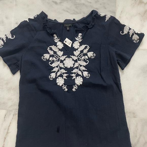 Talbots Navy Top Embroidered Gauze Ruffle Neck NWT Size XS - Picture 2 of 6